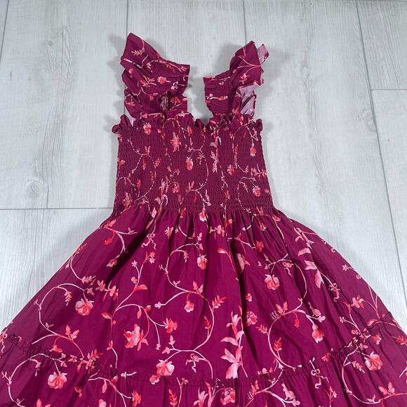 Hill House Home Women's XXS Ellie Nap Dress Midi Ruched Burgundy Floral Ruffle - Picture 6 of 11